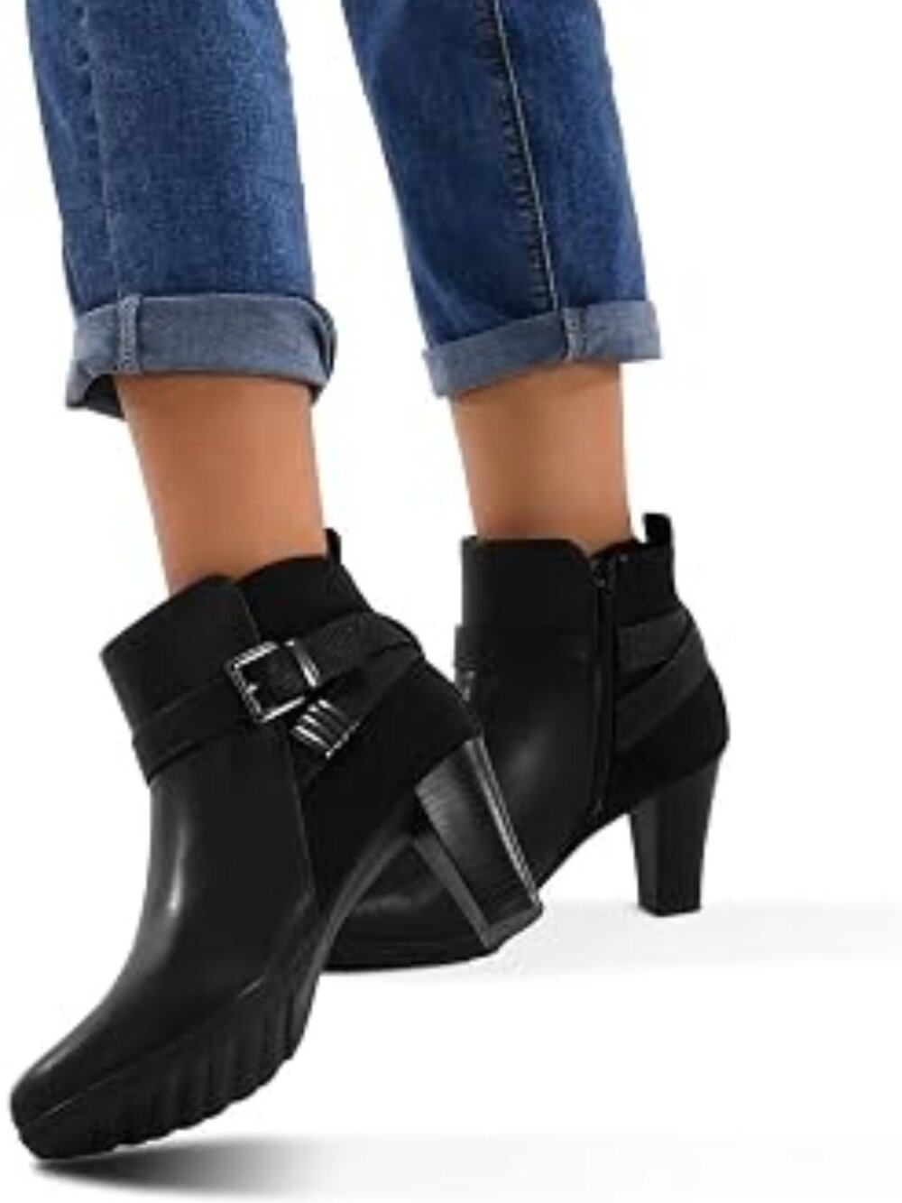Women's Chunky Stacked Heel Ankle Boots Zipper Buckle Booties